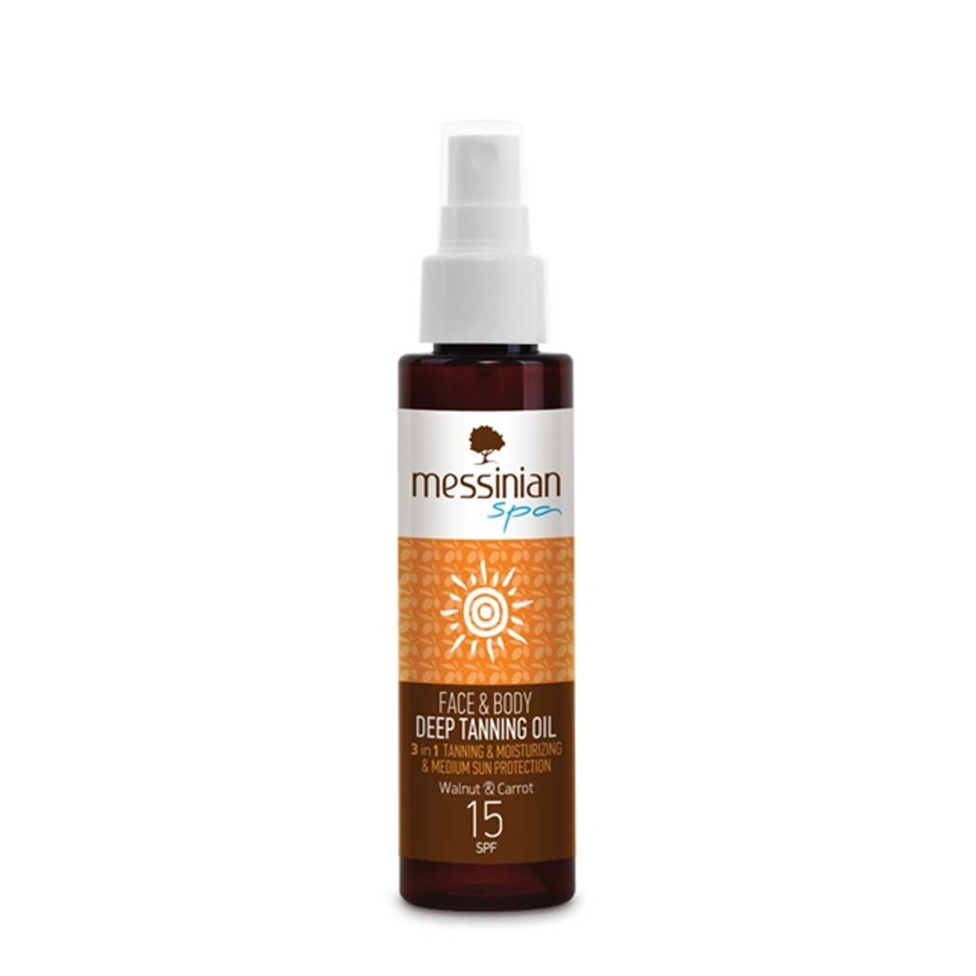 Aceite bronceador facial y corporal SPF 15 con nuez y zanahoria Messinian Spa