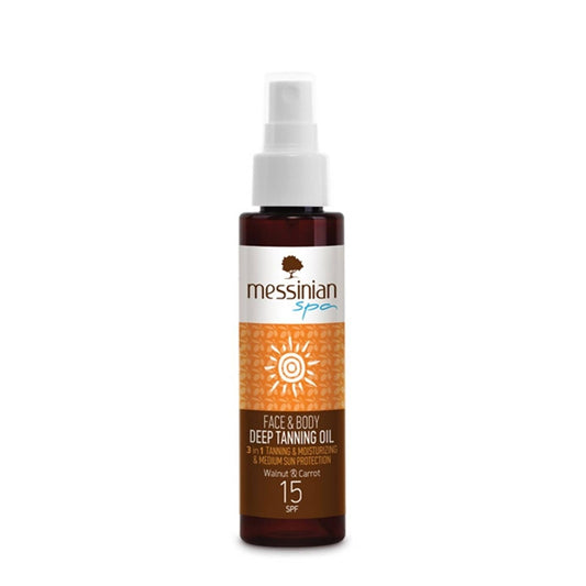 Aceite bronceador facial y corporal SPF 15 con nuez y zanahoria Messinian Spa